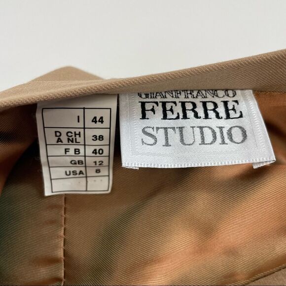 Gianfranco Ferre Tan Wool Blend Leather Trim Skirt Suit Sz 8 - Picture 11 of 16